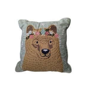 14" Decorative Pillow for Little Girl's Room Nursery Bear with Flower Wreath